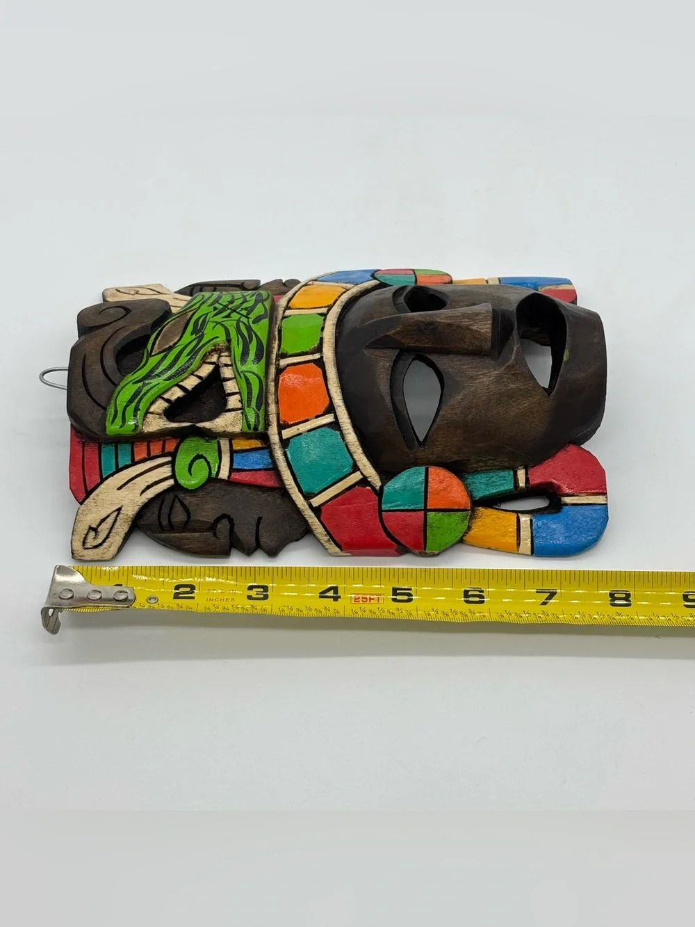 Hand Carved Wooden Mexican Mayan Face Mask Painted 3D Folk Art Wall Hanging Deco